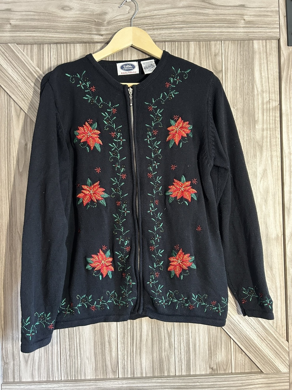 VTG Tabi Beaded Poinsettia Zip Cardigan Sweater